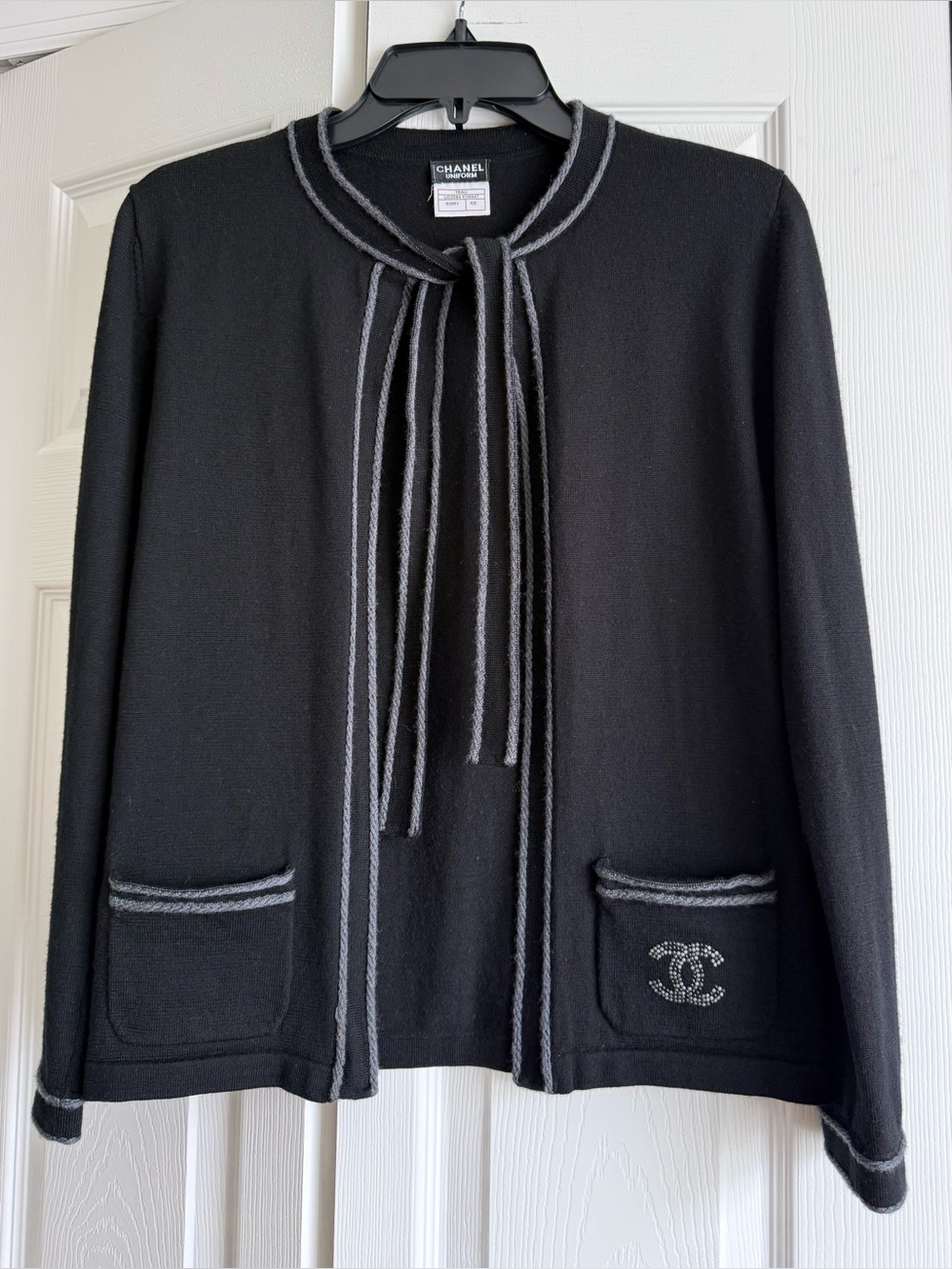 CHANEL Uniform Black Wool Knit Rhinestone CC Logo Cardigan Jacket